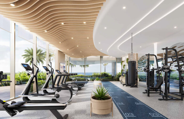 Modern fitness center overlooking the sea at Beach Walk Grand Dubai