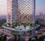 A modern high-rise residential development surrounded by lush greenery, featuring spacious balconies, a pool area, and contemporary architectural design in an urban setting.