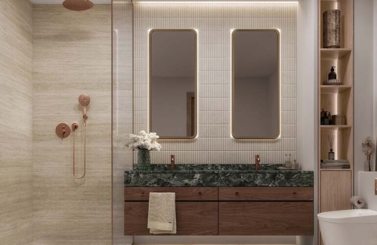 Elegant bathroom interior with dual sinks at The Mural by Beyond, Dubai