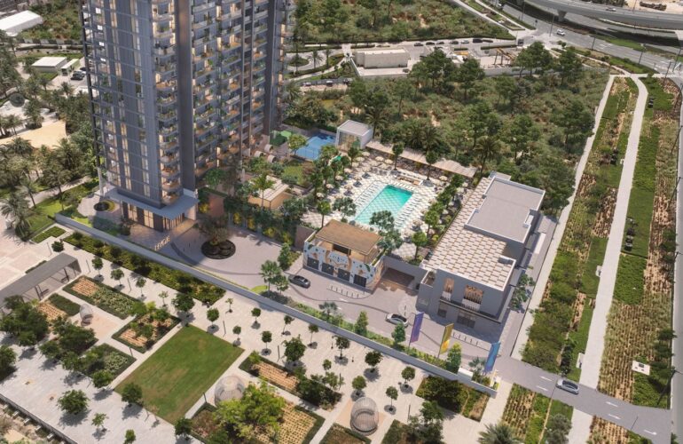 Alternate angle of Hyde Residence pool area, showcasing seating and design details