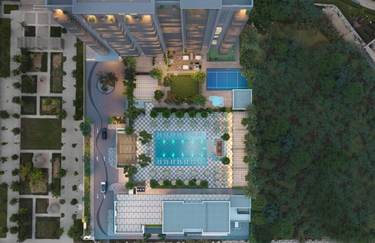 Clear view of the Hyde Residence swimming pool with surrounding lounge area