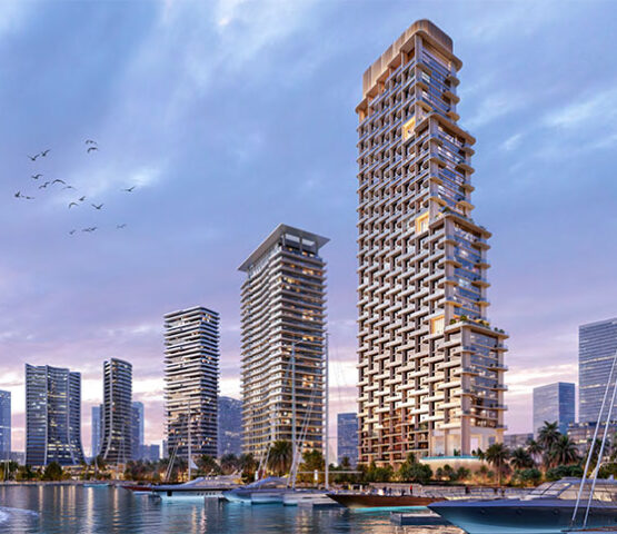 Striking architectural render of ATELIS towers soaring above the creative skyline of Dubai Design District.