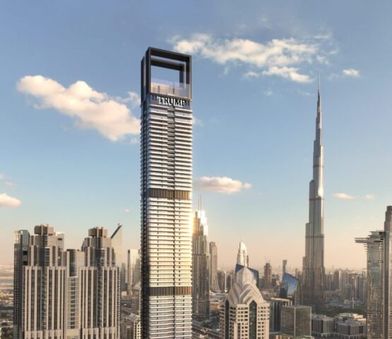 Trump Tower by DARGLOBAL in Dubai rising above a stunning skyline at sunset