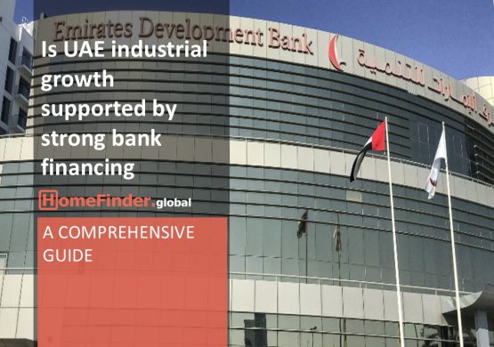 A picture of UAE bank financing from the front and behind a text on the picture that says Is UAE industrial growth supported by strong bank financing.