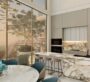 Kitchen at Laguna Residence in Dubai, featuring a kitchen island with a dining table on the other side. A large window beside the kitchen offers a view of the outside.