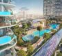 Laguna Residence Podim-level Architectural rendering of a modern residential complex with curved balconies, a pool area, palm trees, and a city skyline in the background