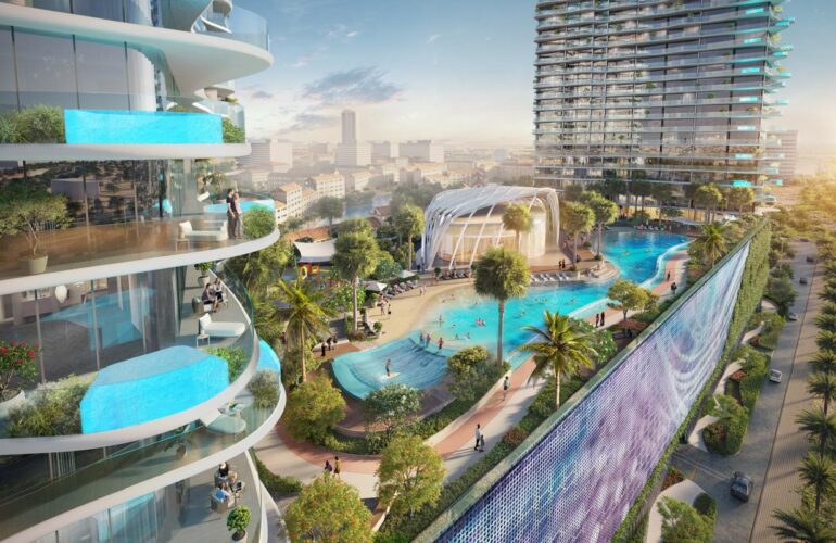 Laguna Residence Podim-level Architectural rendering of a modern residential complex with curved balconies, a pool area, palm trees, and a city skyline in the background