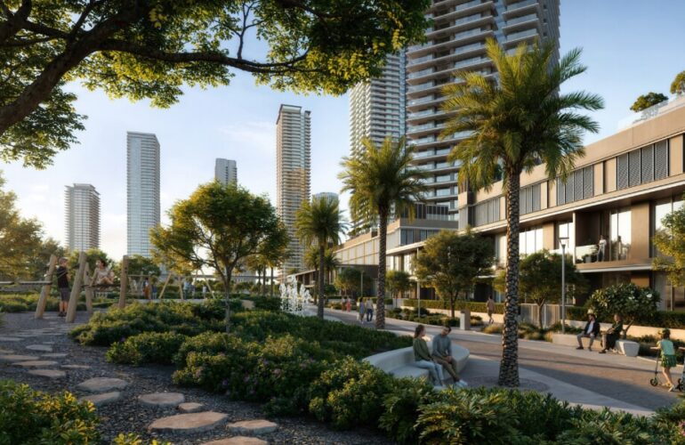 Tennis courts and open green spaces at Green Gate Park in Silva by Emaar, Dubai Creek Harbour.