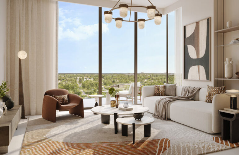 Bright modern bedroom with views at Vida Residences Hillside Dubai