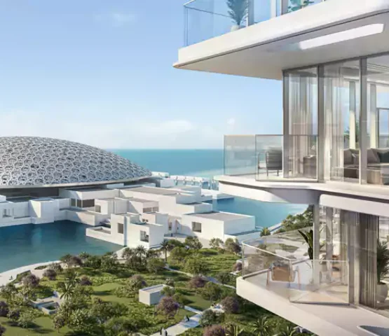 A breathtaking balcony view at Louvre Residences Saadiyat Grove Dubai showcasing the sea, city skyline, and cultural landmarks.