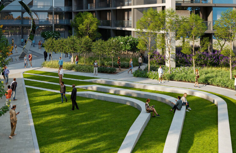Tiered green amphitheater-style park at Sobha Central