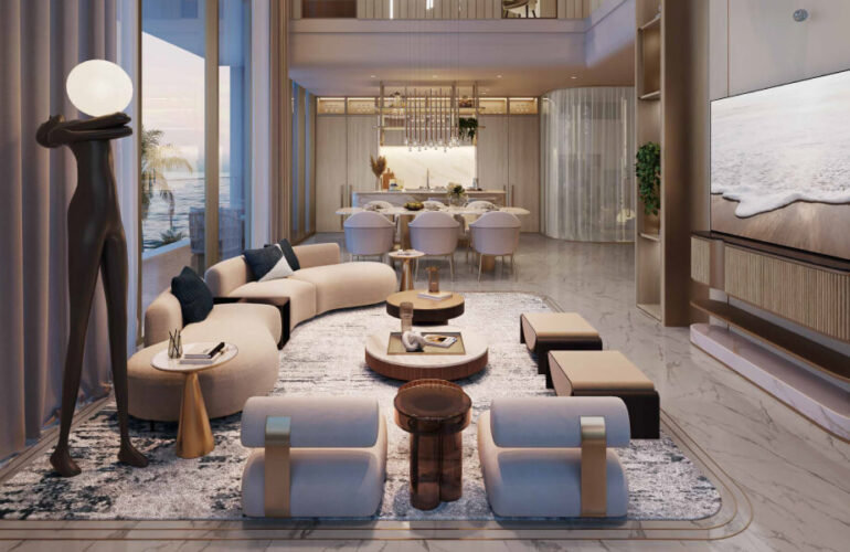 Beautifully decorated living space with ocean view at Beach Walk Grand Dubai