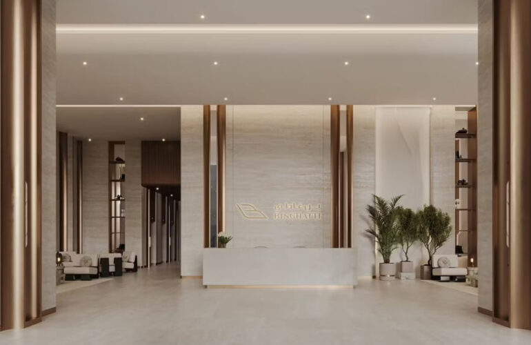 Grand and elegant entrance lobby at Binghatti Starlight in Dubai