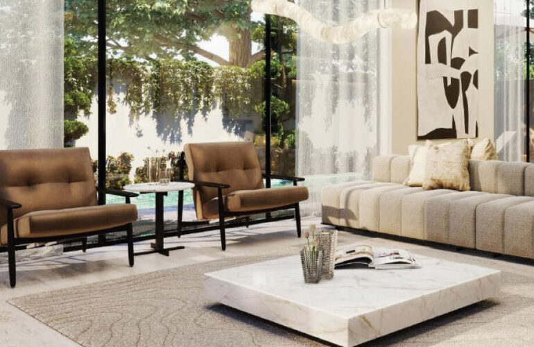 A modern living room in one of the Al Tay Hills villas in Dubai, featuring minimalist design and luxury furnishings.