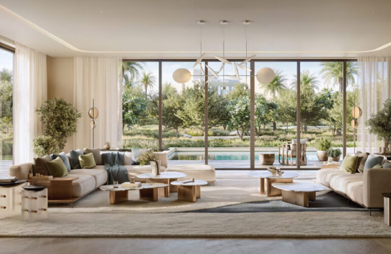 Experience contemporary elegance at Address Villas Tierra by Emaar Properties, featuring spacious living rooms with floor-to-ceiling windows and lush views