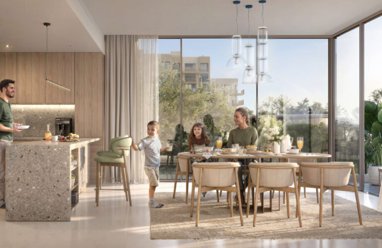 Enjoy elegant, open-plan kitchen and dining spaces at Capria at Ghafwoods by Majid Al Futtaim, designed for comfort, family gatherings, and entertaining guests.