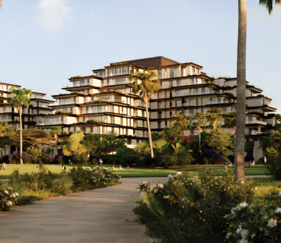 A breathtaking residential complex with lush greenery, cascading terraces, and modern architectural design—offering a serene lifestyle at Sama Yas Dubai.