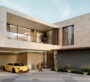 A uniquely designed modern villa at Al Tay Hills in Dubai with large windows and a luxury car at the entrance.