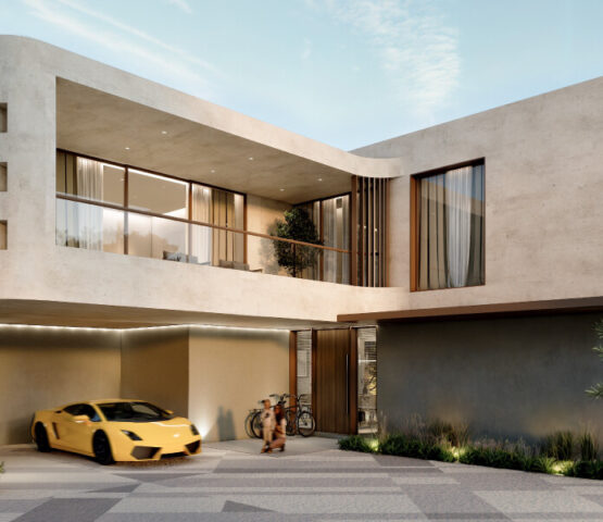 A uniquely designed modern villa at Al Tay Hills in Dubai with large windows and a luxury car at the entrance.