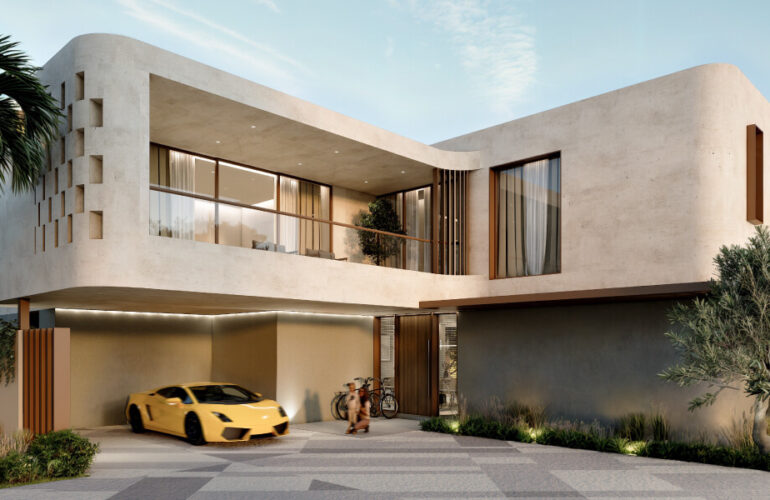 A uniquely designed modern villa at Al Tay Hills in Dubai with large windows and a luxury car at the entrance.