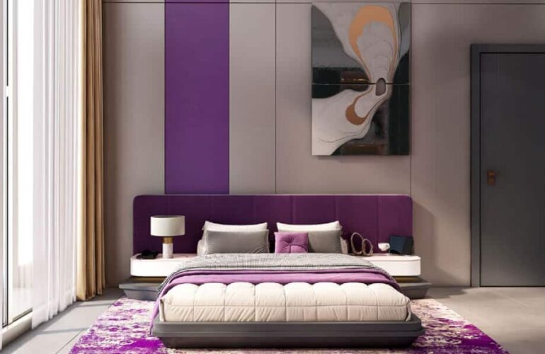 Stylish bedroom with purple accents and modern furniture at MBL Signature Dubai