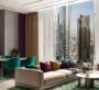 Spacious living room at MBL Signature Dubai with skyline view and modern décor