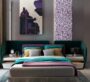 Elegant master bedroom with teal and purple design elements at MBL Signature Dubai