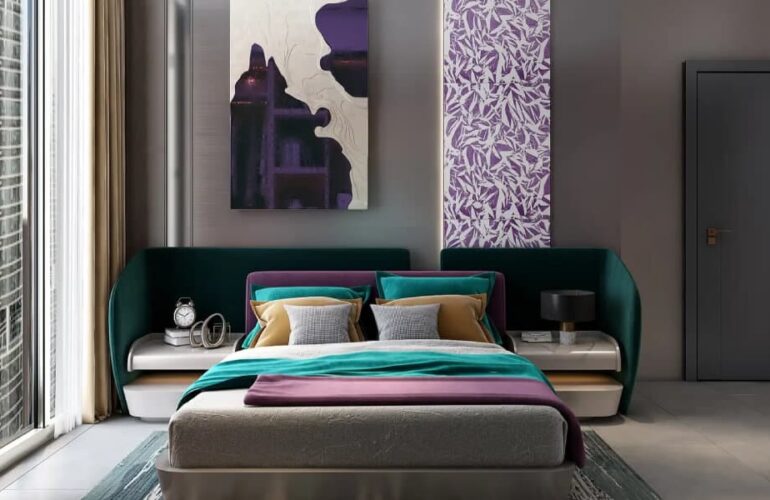 Elegant master bedroom with teal and purple design elements at MBL Signature Dubai