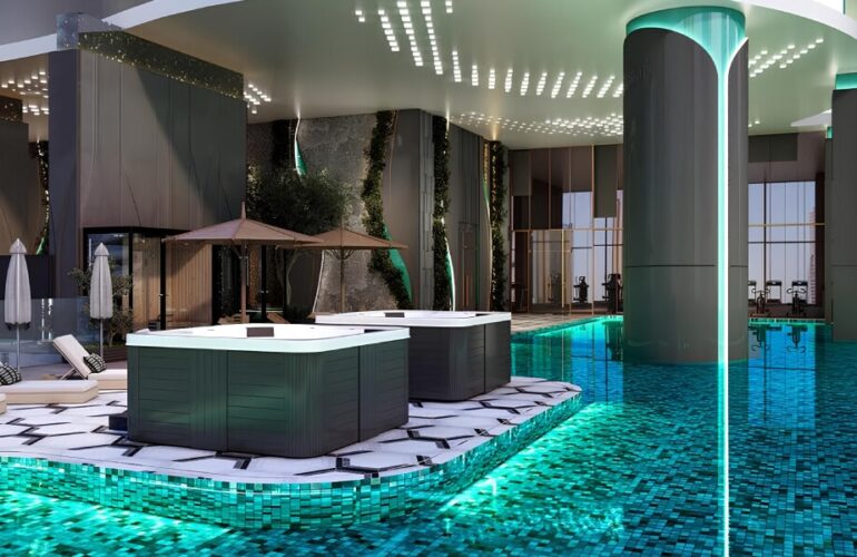 Poolside relaxation area with sunbeds and luxury seating at MBL Signature Dubai