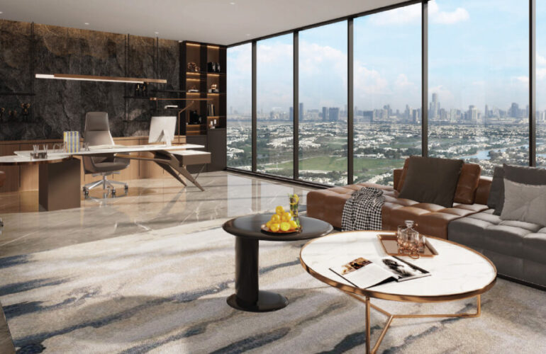 Sophisticated executive office suite with glass walls and a view of Dubai's skyline in ME DO RE Business tower.