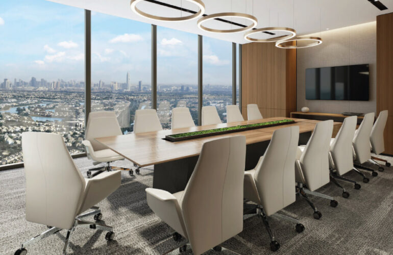 High-end boardroom with panoramic city views, luxury furniture, and sleek design in ME DO RE Business Dubai.
