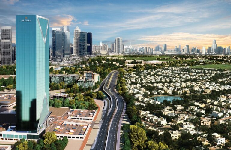 Aerial view of ME DO RE Business skyscraper situated amidst greenery and highways in Dubai