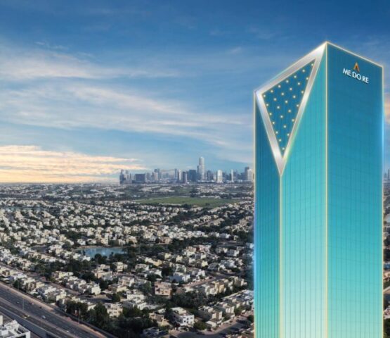 Aerial view of ME DO RE Business skyscraper in Dubai