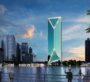 Iconic ME DO RE Business skyscraper located by the waterfront in Dubai with modern skyline in the background