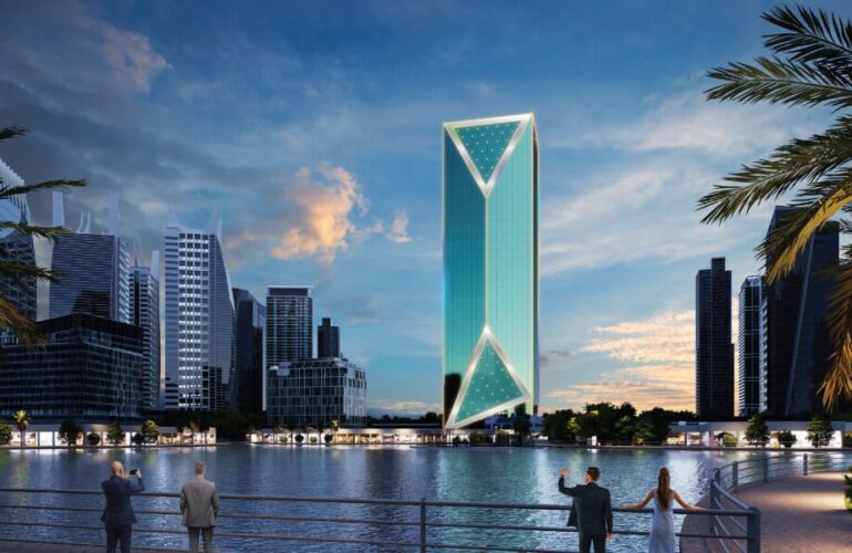 Iconic ME DO RE Business skyscraper located by the waterfront in Dubai with modern skyline in the background