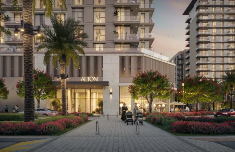 Welcoming front entrance of Alton by Nshama, Dubai, with palm trees and stylish design
