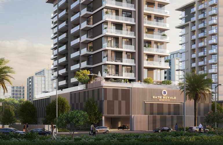 Street-level view of the main entrance at Gate Royale Residences with landscaped surroundings