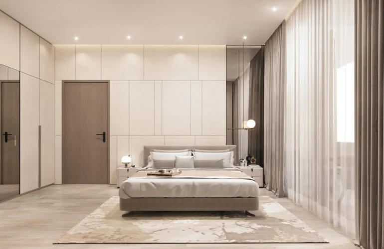 Marquis Insignia – Bedroom with warm lighting and curtains