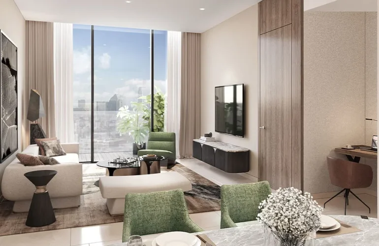 Marriott-Residences-at-JLT-living room Small furniture arranged together and a large full-length window with an outside view