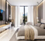 Spacious master bedroom with floor-to-ceiling windows and elegant decor