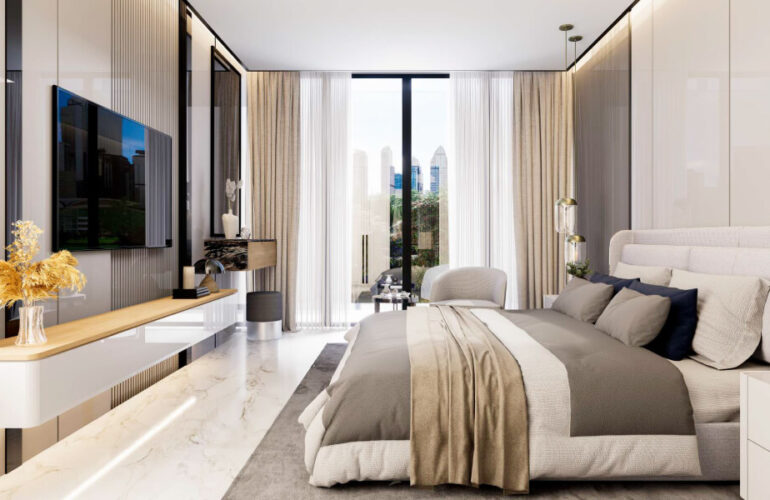Spacious master bedroom with floor-to-ceiling windows and elegant decor
