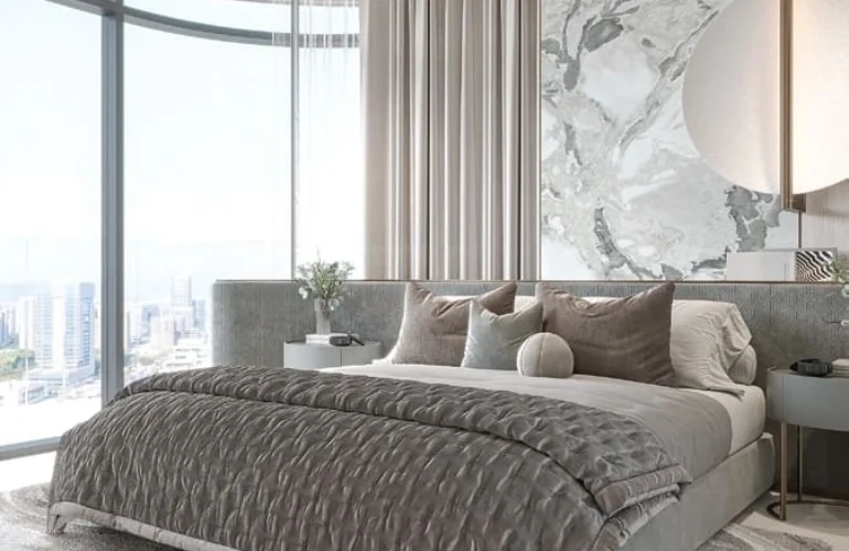 Mayfair Gardens Dubai – Master bedroom with floor-to-ceiling windows
