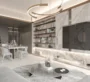 Mayfair Gardens Dubai – Living room with dining zone and floating shelves
