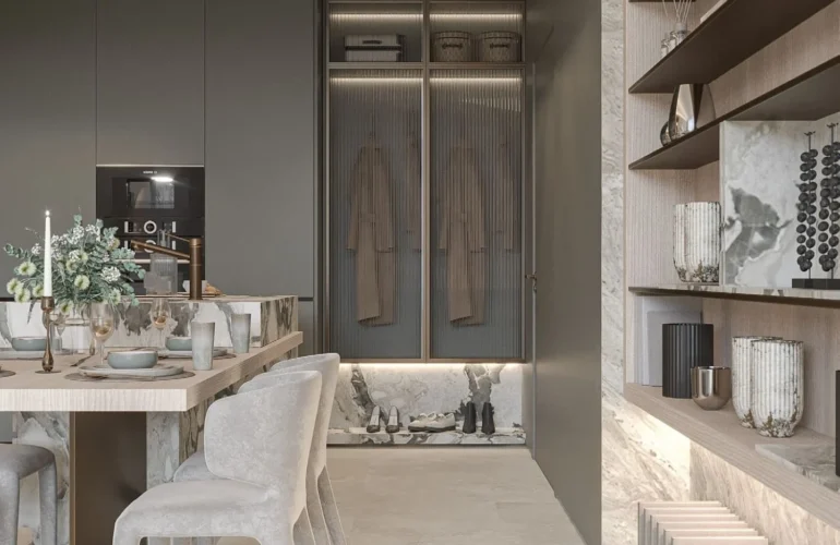 Mayfair Gardens Dubai – Dining space with luxury finishes and built-in shelves