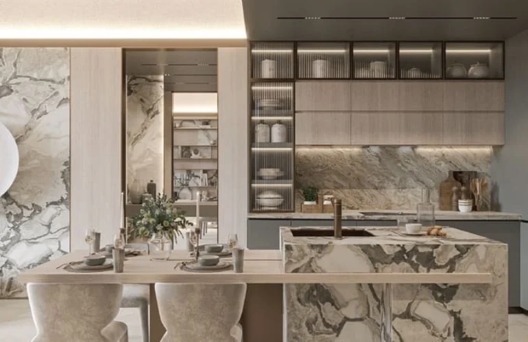 Mayfair Gardens Dubai – Elegant kitchen and dining space with marble accents