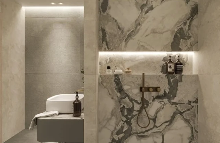 Mayfair Gardens Dubai – Minimalist modern bathroom with floating vanity