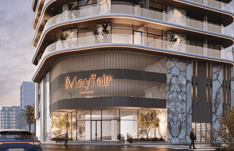 Mayfair Gardens Dubai – Ground-level view showing Mayfair signage