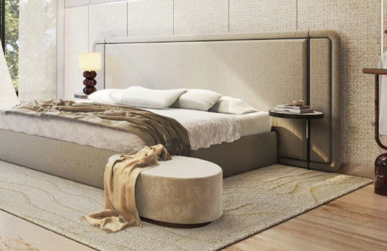 A stylish and modern bedroom in the Al Tay Hills villas in Dubai with minimalist design and elegant decor.