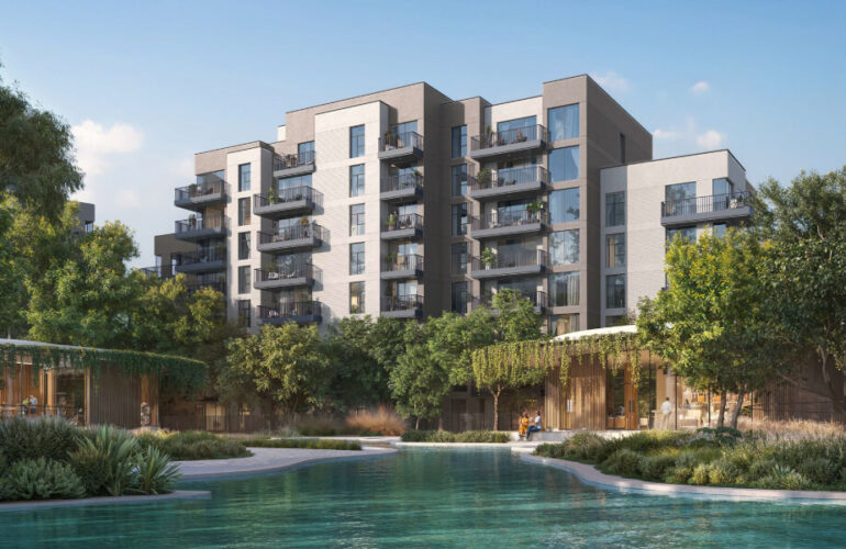 Discover contemporary luxury at Capria at Ghafwoods by Majid Al Futtaim, featuring modern apartments surrounded by lush greenery and serene water features.