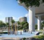Modern children’s play area at Silva by Emaar in Dubai, surrounded by greenery and high-rise towers.